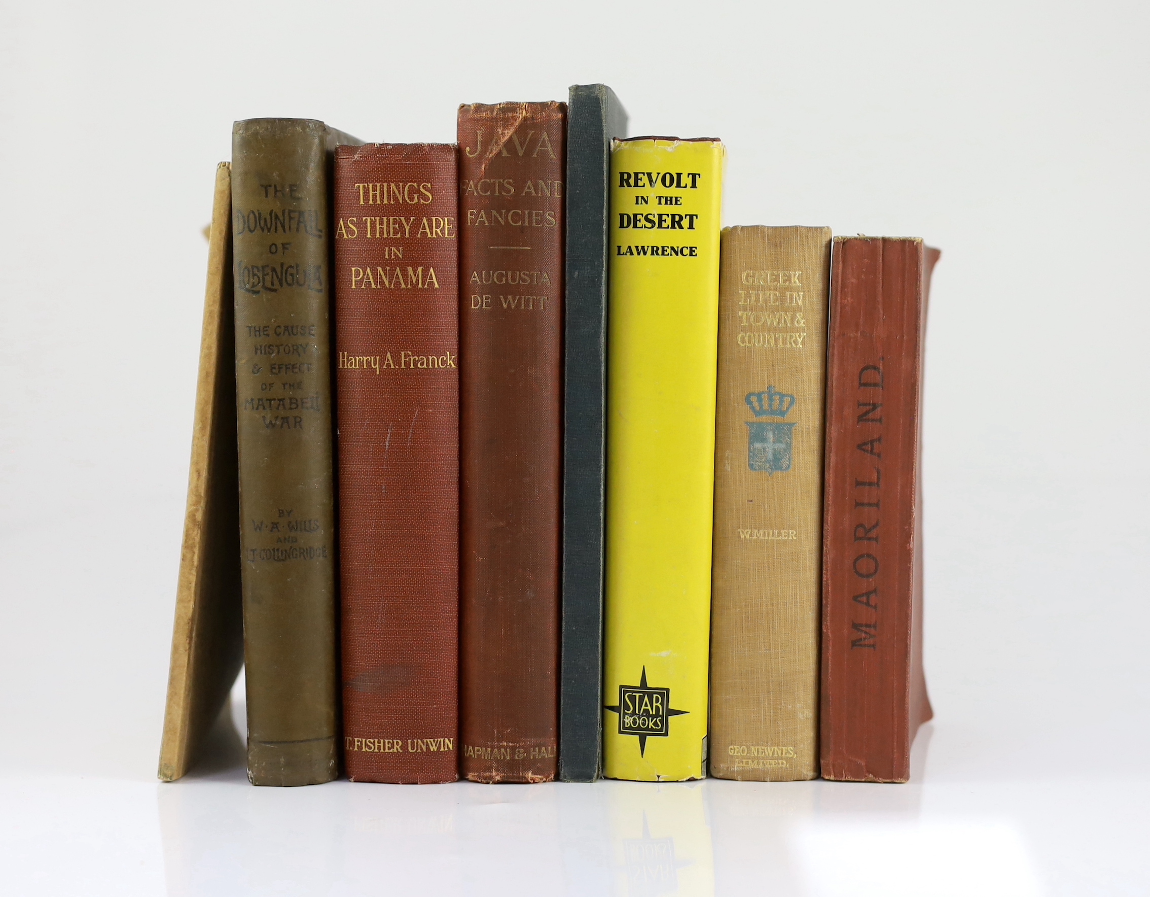 Wills, W.A. & Collingridge, L.T. The Downfall of Lobengula: the cause, history, and effect of the Matabeli War. 5 plans (outline colour, 4 folded), 15 portrait plates and num. text illus., errata slip; publisher's colour